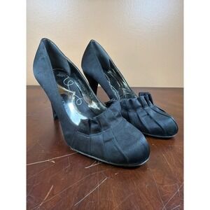 Jessica Bennett Black Satin Ruffle Pleated‎ Pumps Heels Vero Cuoio Sole Size 8M